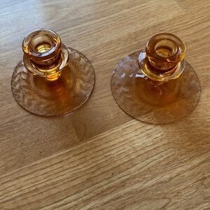 2 Vintage Candleholder Glass Fosteria Amber Wheat Round Base